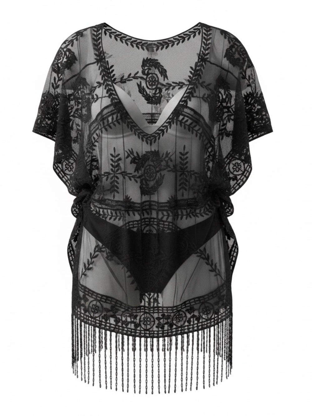 Rachel Zoe Black Sheer Embroidered Fringe Swim Coverup
